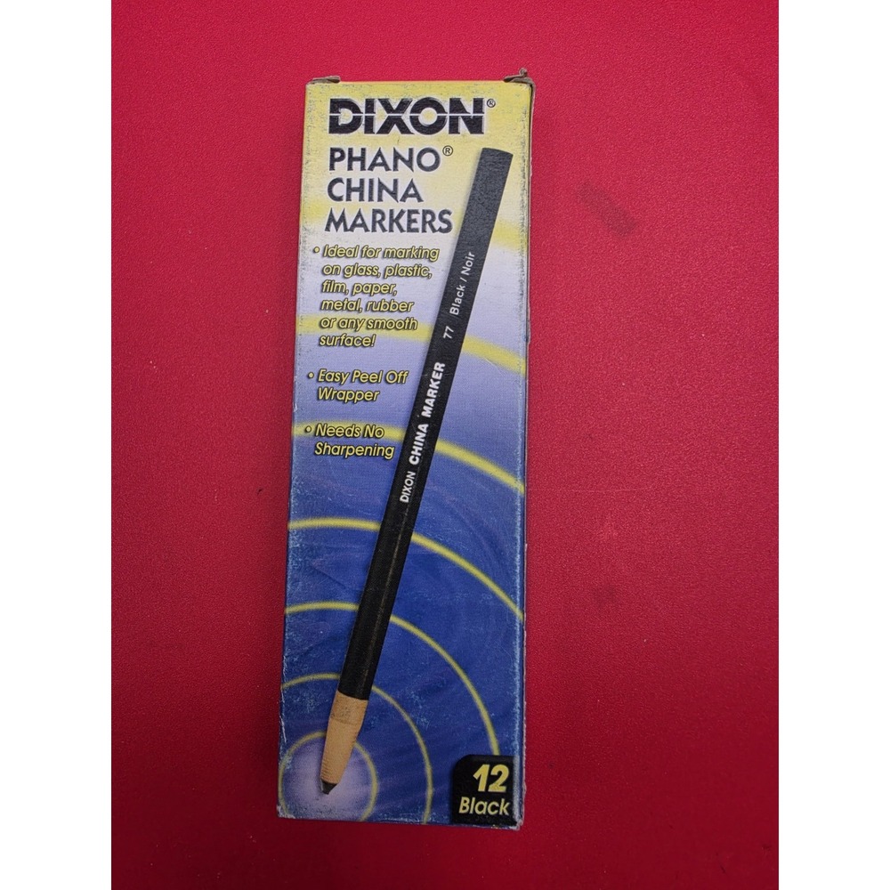 Dixon Phano China Markers Black 12 Count New 77 Grease Pencils Glass Plastic